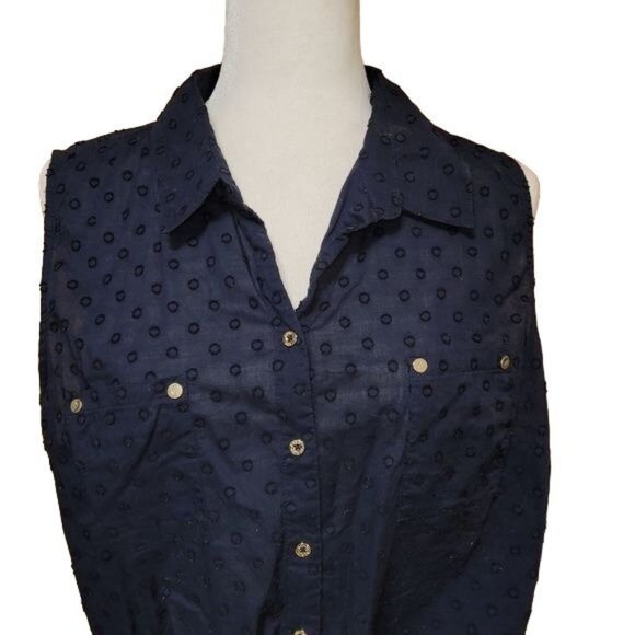 Anne Klein Women's Size XL Navy Blue Woven Sleeveless Blouse Button Up Collar - Picture 2 of 8